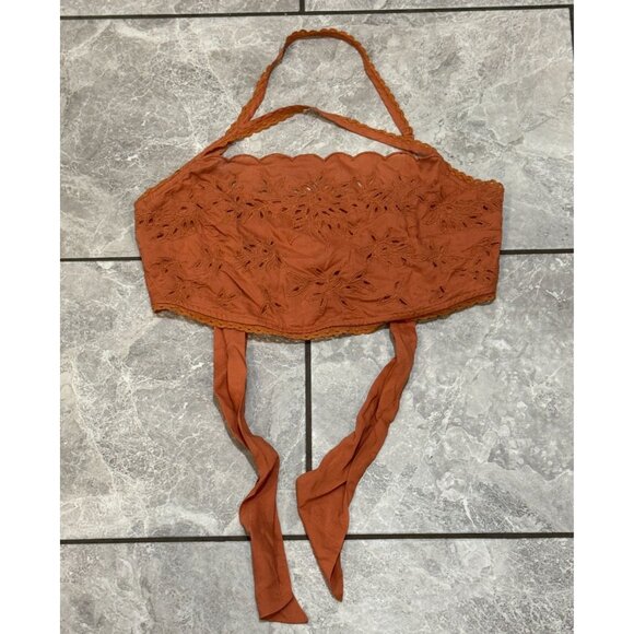 Free People‎ Movement Cassandra Embroidered Eyelet halter Crop Top Peach Sz M h2 - Picture 3 of 6